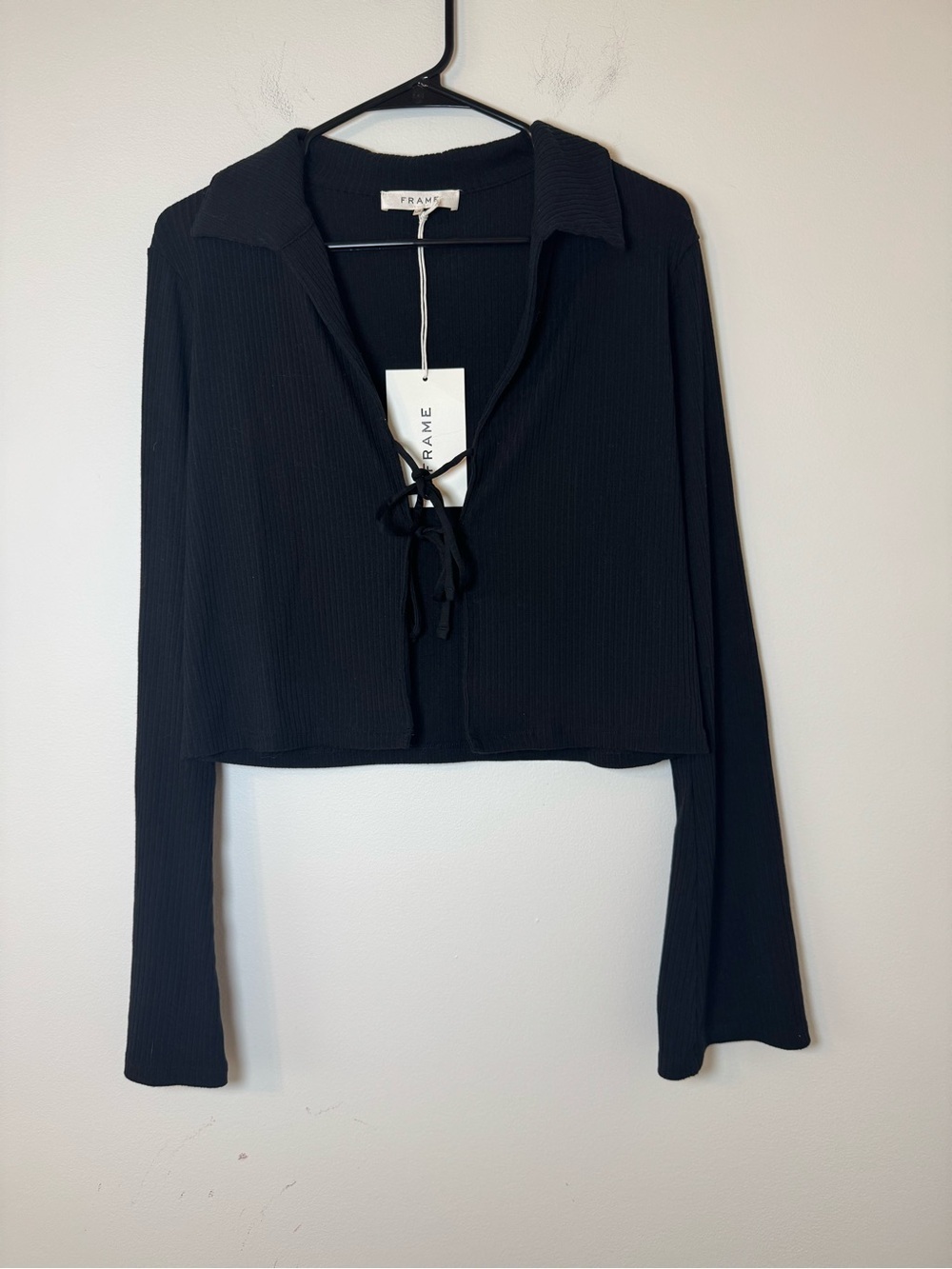 NWT FRAME Bell Sleeve Rib Polo Tie Front Crop Top Black Size L